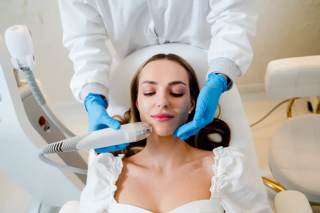 Woman lies on a treatment chair while a gloved provider holds a handheld device against her chin.